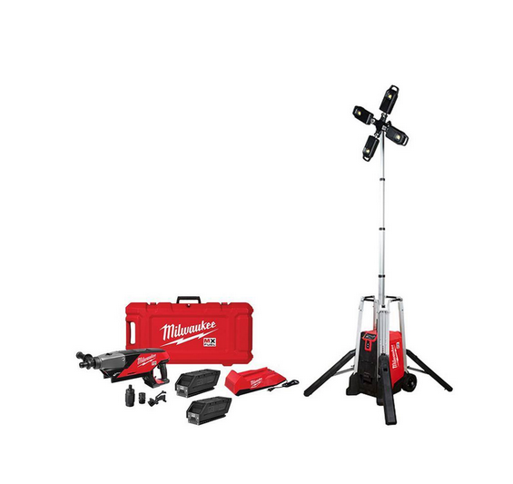 MX FUEL ROCKET Tower Light/Charger and MX FUEL Lithium-Ion Cordless Handheld Core Drill Kit