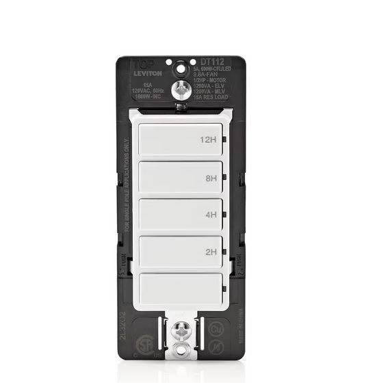 Decora 15 Amp 12-Hour Indoor In-Wall Timer Switch, 1/2 HP/9.8 Amp Fan/Motor, No Neutral Required, Single Pole, White - 91010072589