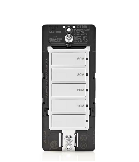 Decora 15A 60-Minute Indoor In-Wall Countdown Timer Switch 1/2 HP/9.8A Fan/Motor No Neutral Required Single-Pole, White - 91009728915