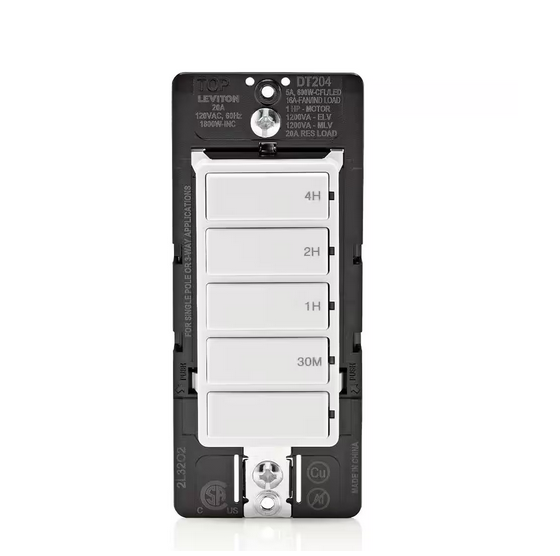 Decora 20 Amp 4-Hour Indoor In-Wall Countdown Timer Switch, 1 HP/16 Amp Fan/Motor, Single Pole/Multi-Way, White - 91010072598