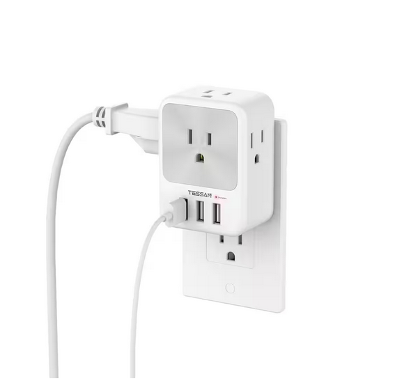 15 Amp, 4-Outlets Multi Plug Outlet Splitter with 3-USB-A Ports and Surge Protection in White/Gray (1-Pack) - 91011411596