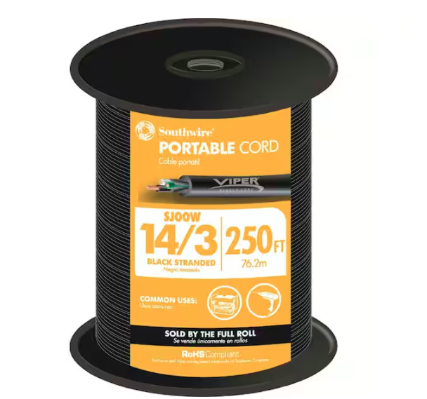 250 ft. 14/3 300-Volt CU Black Flexible Portable Power SJOOW Cord - 9562456