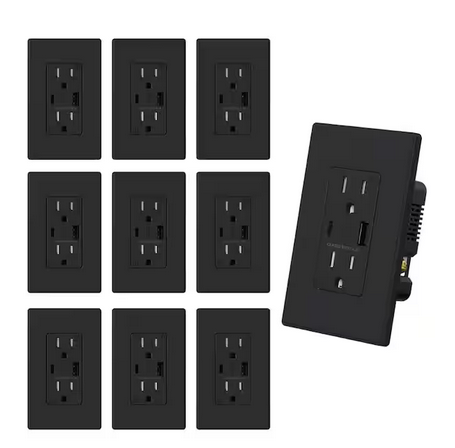 Wall Mount Black 15 Amp Tamper Resistant Duplex Outlet with Type A & Type C USB Ports 10-Pack (R1615D42-BL) - 91011734738