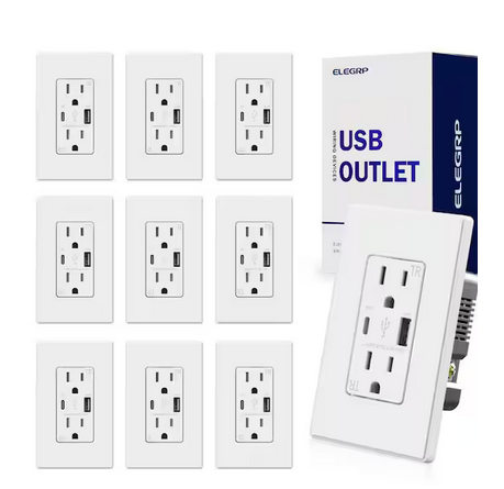 Wall Mount White 15 Amp Tamper Resistant Duplex Outlet with Type A & Type C USB Ports 10-Pack (R1615D42-WH) - 91011734737
