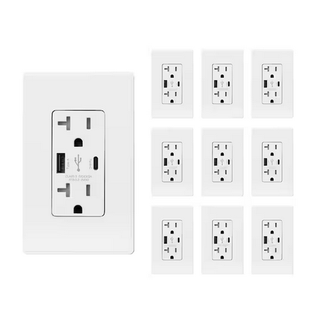 25-Watt 20 Amp Type A and Type C USB Wall charger with Duplex Tamper Resistant Outlet, White (10-Pack) - 91006881690