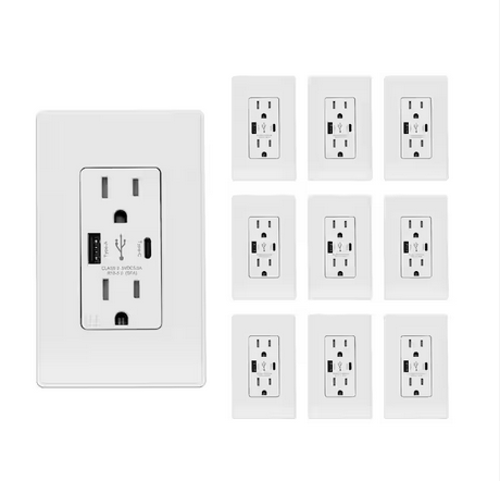 25-Watt 15 Amp Type A and Type C USB Wall charger with Duplex Tamper Resistant Outlet, White (10-Pack) - 91006881683