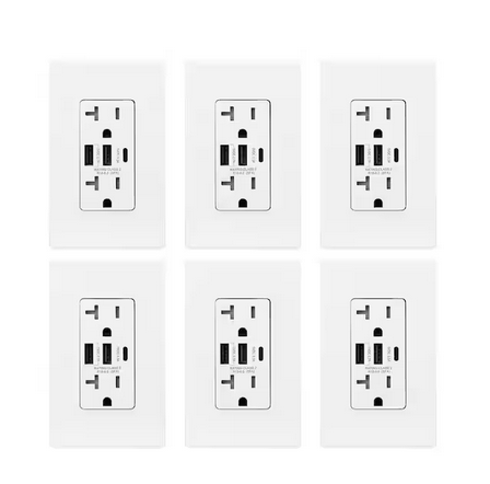 30-Watt 20 Amp 3-Port Type C and Dual Type A USB Duplex Wall Outlet, Wall Plate Included, White (6-Pack) - 91005748948