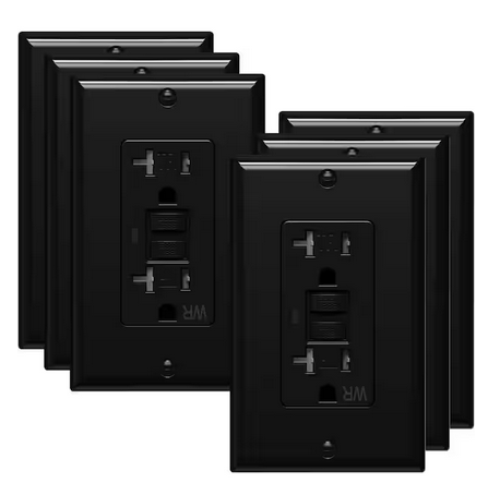 20 Amp 125-Volt Self-Test Tamper Resistant GFCI Outlet Black 6-Pack with LED Indicator, Wall Plates and Screws UL Listed - 91010996823