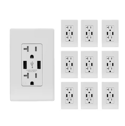 25-Watt 20 Amp Dual Type A USB Wall charger with Duplex Tamper Resistant Outlet, White(10-Pack) - 91006881688