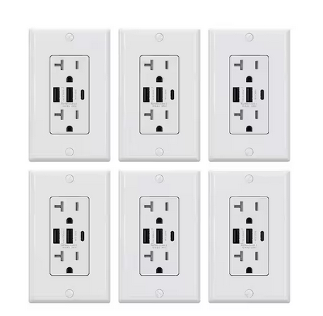 30-Watt 3-Port Type C & Dual Type A USB Duplex Outlet Smart Chip High Speed Charging Wall Plate Included, White (6-Pack) - 91006202365