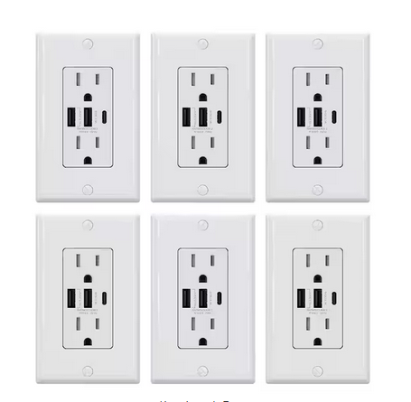 30-Watt 3-Port Type C & Dual Type A USB Duplex Outlet Smart Chip High Speed Charging Wall Plate Included, White (6-Pack) - 91006202367