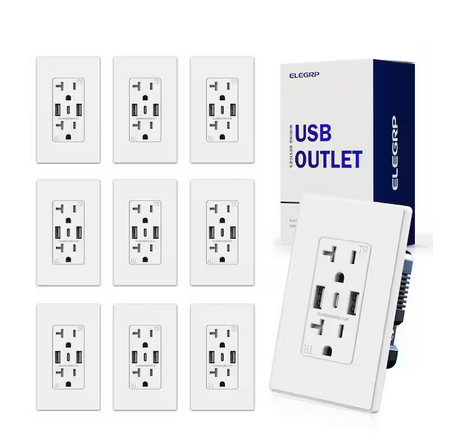 21W USB Wall Outlet w/Dual Type A and Type C USB Ports, 20 Amp Tamper Resistant Outlet, w/Wall Plate, BLK (10 Pack) - 91009270801