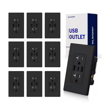 21W USB Wall Outlet w/Dual Type A and Type C USB Ports,20 Amp Tamper Resistant Outlet, w/Wall Plate, Black (10 Pack) - 91009267105