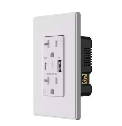 20W USB Wall Outlet with Type A and Type C USB Ports for Power Delivery and Quick Charge, w/Wall Plate, Black (6 Pack) - 91008615896