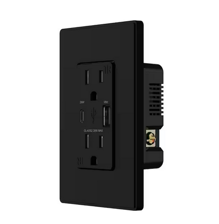 20W USB Wall Outlet with Type A and Type C USB Ports for Power Delivery and Quick Charge, w/Wall Plate, Black (6 Pack) - 91008615903