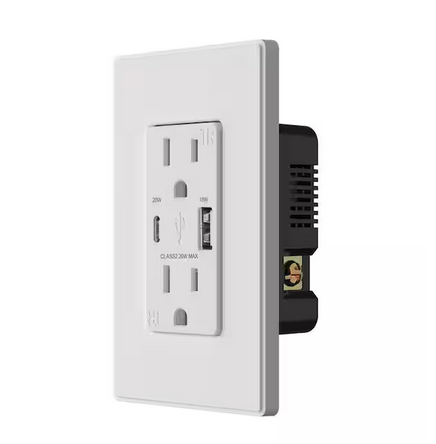 20W USB Wall Outlet with Type A and Type C USB Ports for Power Delivery and Quick Charge, w/Wall Plate, White (2 Pack) - 91009274644