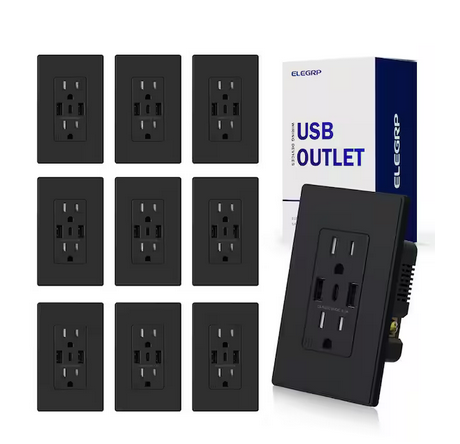 21W USB Wall Outlet with Dual Type A and Type C USB Ports, 15 Amp Tamper Resistant Outlet,with Wall Plate, BLK (10 Pack)