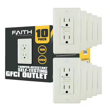 15 Amp 125-Volt GFCI Duplex Outlet, Tamper-Resistant GFI Receptacles with LED Indicator, Light Almond (10-Pack) - 91009064248