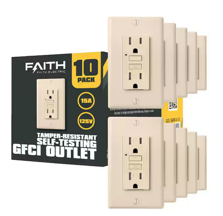 15-Amp 125-Volt GFCI Duplex Tamper Resistant Outlet, GFI Receptacle with Indicator Light and Wall Plate, Ivory (10-Pack) - 91003992305