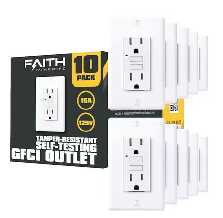 15-Amp 125-Volt GFCI Duplex Tamper Resistant Outlet, GFI Receptacle with Indicator Light and Wall Plate, White (10-Pack) - 91003992304