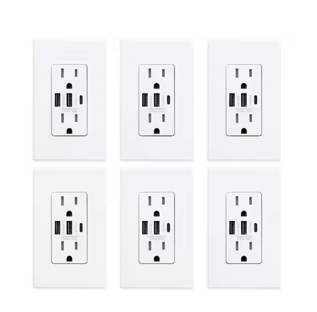 30-Watt 15 Amp 3-Port Type C and Dual Type A USB Duplex Wall Outlet, Wall Plate Included, White (6-Pack) - 91005748951