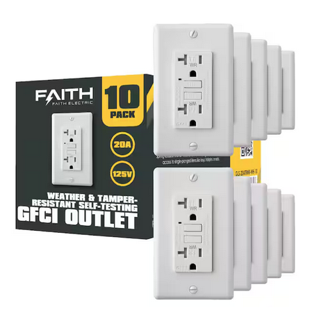 20 Amp 125-Volt Outdoor GFCI Duplex Outlet, Weather and Tamper-Resistant GFI Receptacles, LED Indicator, White (10-Pack) - 91009064254