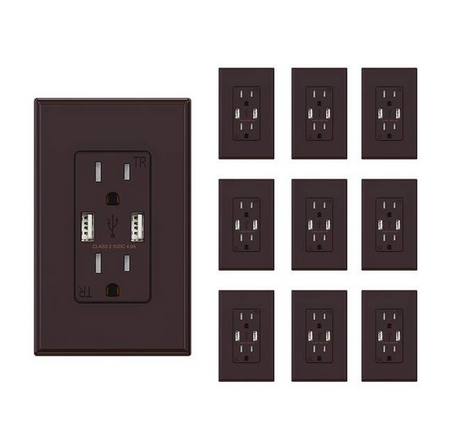4.0 Amp USB Outlet, Dual Type A In-Wall Charger with 15 Amp Duplex Tamper Resistant Outlet, Brown (10-Pack) - 91006881686