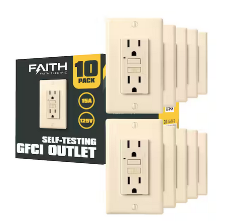 15 Amp 125-Volt GFCI Duplex Outlet, GFI Receptacle with Indicator Light, Wall Plate Included, Ivory (10-Pack) - 91003992299