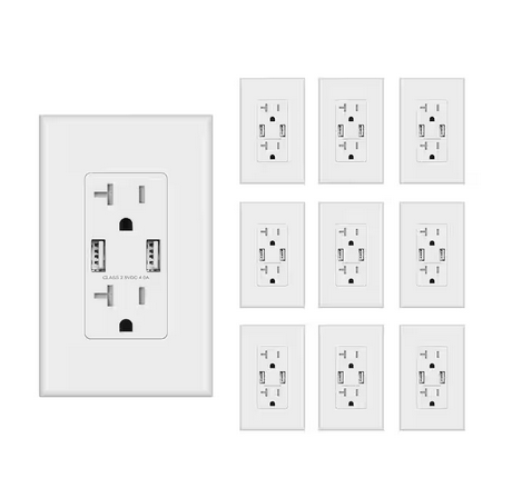4.0 Amp USB Outlet, Dual Type A In-Wall Charger with 20 Amp Duplex Tamper Resistant Outlet, White(10-Pack) - 91006881681