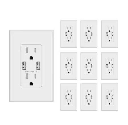 4.0 Amp USB Outlet, Dual Type A In-Wall Charger with 15 Amp Duplex Tamper Resistant Outlet, White (10-Pack) - 91006881682