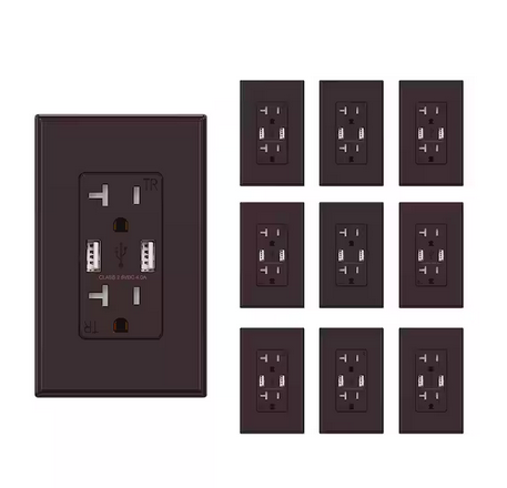 4.0 Amp USB Outlet, Dual Type A In-Wall Charger with 20 Amp Duplex Tamper Resistant Outlet, Brown (10-Pack) - 91006881685