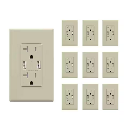 3.6Amp USB Outlet, Dual Type A In-Wall Charger with 20 Amp Duplex Tamper Resistant Outlet, Ivory (10-Pack) - 91006881691