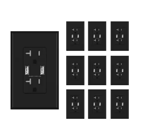 4.0 Amp USB, Dual Type A In-Wall Charger with 20 Amp Duplex Tamper Resistant Outlet, Black (10-Pack) - 91006881680