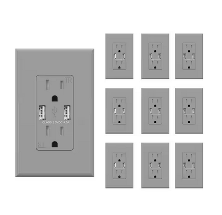 4.0 Amp USB Outlet, Dual Type A In-Wall Charger with 15 Amp Duplex Tamper Resistant Outlet, Gray (10-Pack) - 91006881684