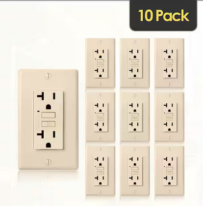 20-Amp 125-Volt GFCI Outlet, Self-Test GFI Receptacle, Duplex Outlet, Wall Plate Included, Ivory (10-Pack) - 91003992303