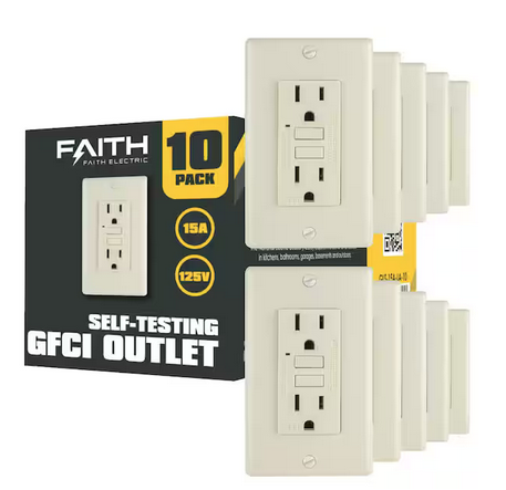15 Amp 125-Volt GFCI Duplex Outlet Non-Tamper-Resistant GFI Receptacle with LED Indicator, Light Almond (10-Pack) - 91009064246