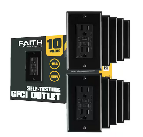 15 Amp 125-Volt GFCI Duplex Outlet, Non-Tamper-Resistant GFI Receptacles with LED Indicator, Black (10-Pack) - 91009064250