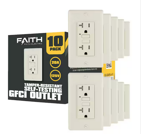 20 Amp 125-Volt GFCI Duplex Outlet, Tamper-Resistant GFI Receptacles with LED Indicator, Light Almond (10-Pack) - 91009064258