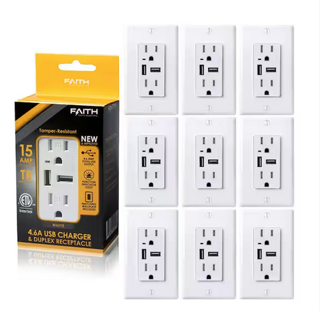 15 Amp Decorator Tamper-Resistant Duplex Outlet and 4.6 Amp USB Charger Receptacle, Wall Plate Included, White (10-Pack) - 91003994309