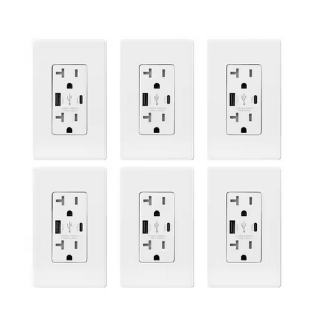 25-Watt 20 Amp Dual Type A and Type C USB Duplex Wall Outlet, Screwless Wall Plate Included, White (6-Pack) - 91005748930