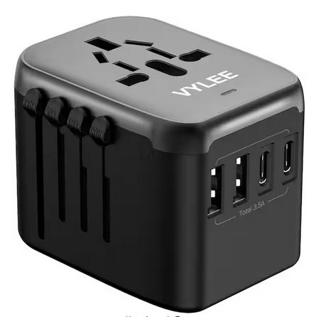 Black/Gray 3.5 Amp 5-in-1 Universal/European Travel Plug Adapter 2xUSB-A, 2xUSB-C Wall Charger and Worldwide AC Outlet - 91012130744
