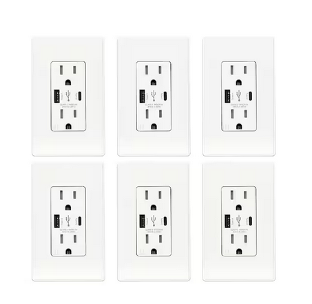 25-Watt 15 Amp Dual Type A and Type C USB Wall Duplex Outlet, Wall Plate Included, White (6-Pack) - 91005775279