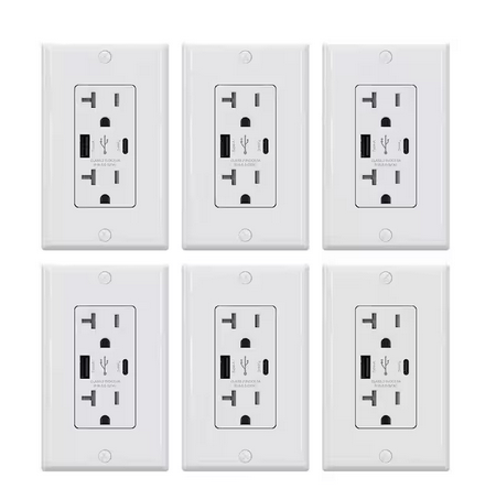 25-Watt 20 Amp Type A & C Dual USB Wall Charger with Duplex Tamper Resistant Outlet, Wall Plate Included, White (6-Pack) - 91006202382