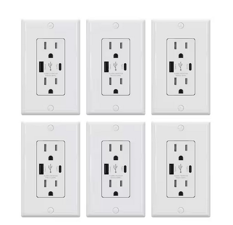 25-Watt 15 Amp Type A & C Dual USB Wall Charger with Duplex Tamper Resistant Outlet Wall Plate Included, White (6-Pack) - 91006202352