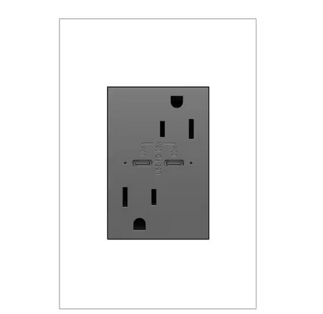 adorne 15 Amp Tamper-Resistant Duplex Outlet with Ultra-Fast 6A PLUS 30W Power Delivery USB Type-C/C, Magnesium - 91007628189