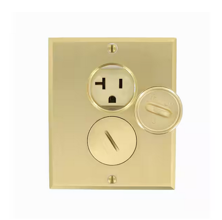 20 Amp Commercial Grade Self Grounding Duplex Outlet Floor Box, Ivory/Brass