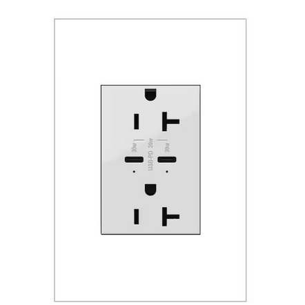 adorne 20 Amp Tamper-Resistant Duplex Outlet with Ultra-Fast 6A PLUS 30W Power Delivery USB Type-C/C, White - 91007629104