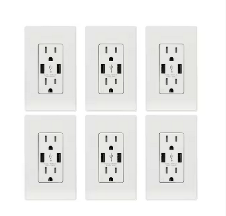 25-Watt 15 Amp Dual Type A USB Wall Duplex Outlet, Wall Plate Included, White (6-Pack) - 91005748936