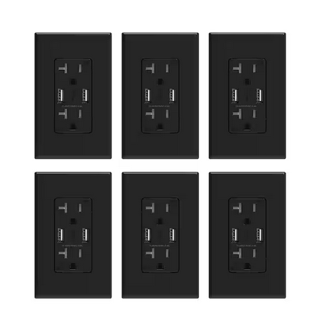 4 Amp USB Dual Type A In-Wall Charger with 20 Amp Duplex Tamper Resistant Outlet, Wall Plate Included, Black (6-Pack) - 91005748943