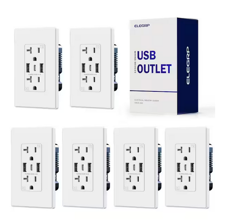 21W USB Wall Outlet w/Dual Type A and Type C USB Ports, 20 Amp Tamper Resistant Outlet, w/Wall Plate, White (6 Pack) - 91009274775